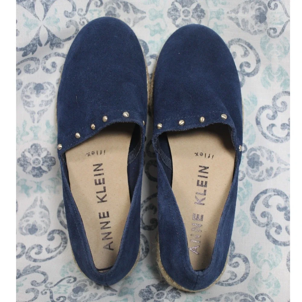 ANNE KLEIN Navy Blue Suede Espadrille Flats‎ Studded Detail Slip On Shoes 8M